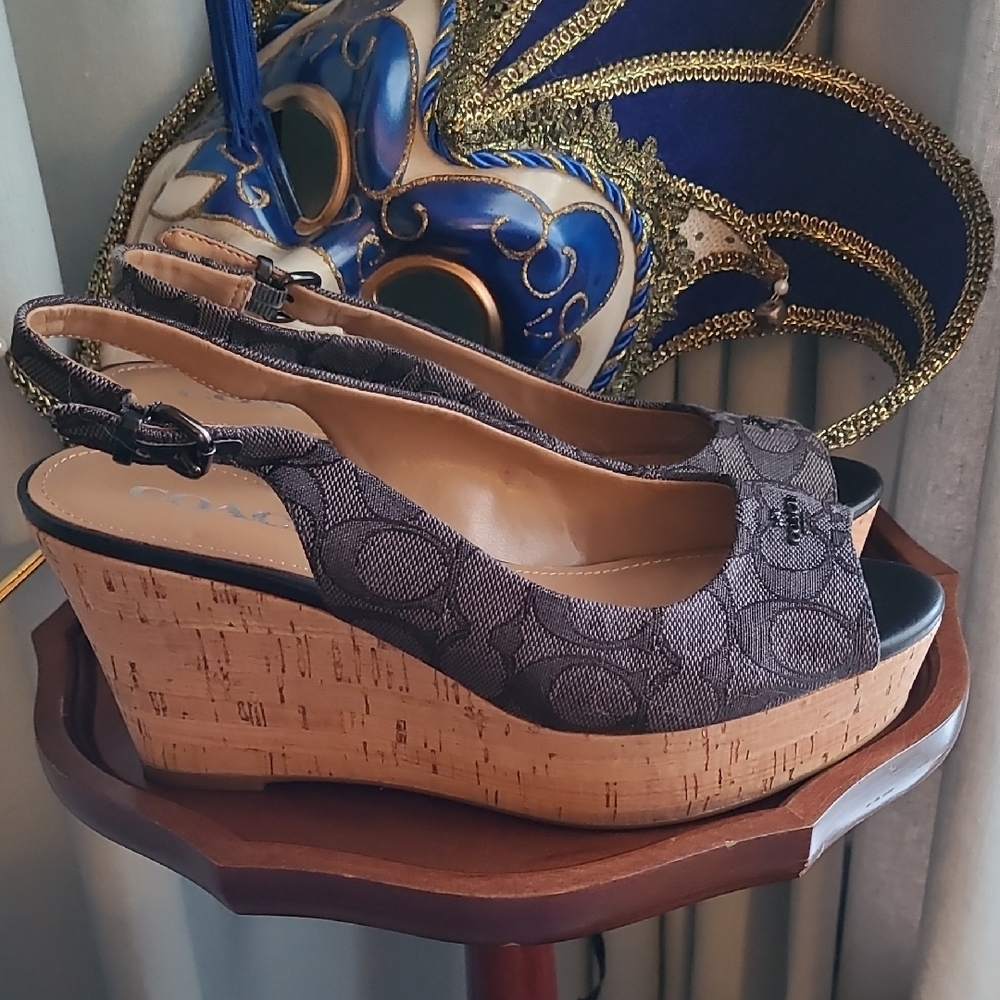 Coach "Ferry" Signature Cork Wedge Slingbacks Sz. 7.5